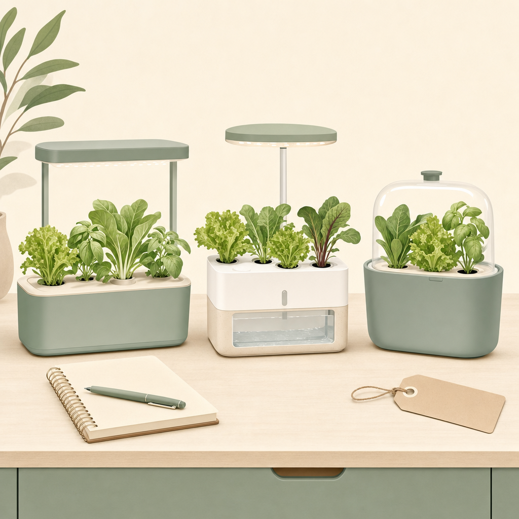 Illustration of countertop hydroponics systems arranged on a desk with a notebook and price tag